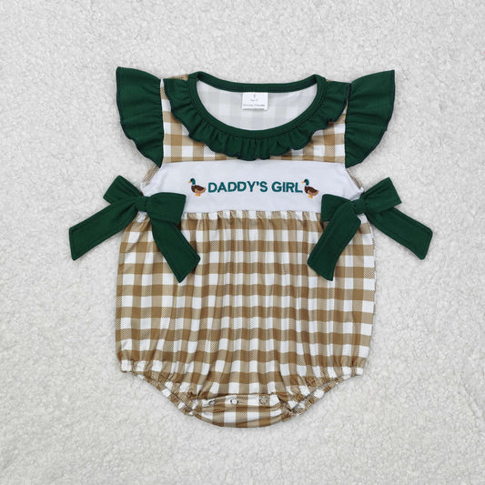 SR2304 Baby Romper Mardi Gras outfit Embroidered ducks Dark Green Orange check Sleeveless Ruffle Romper Outfits RTS 202412