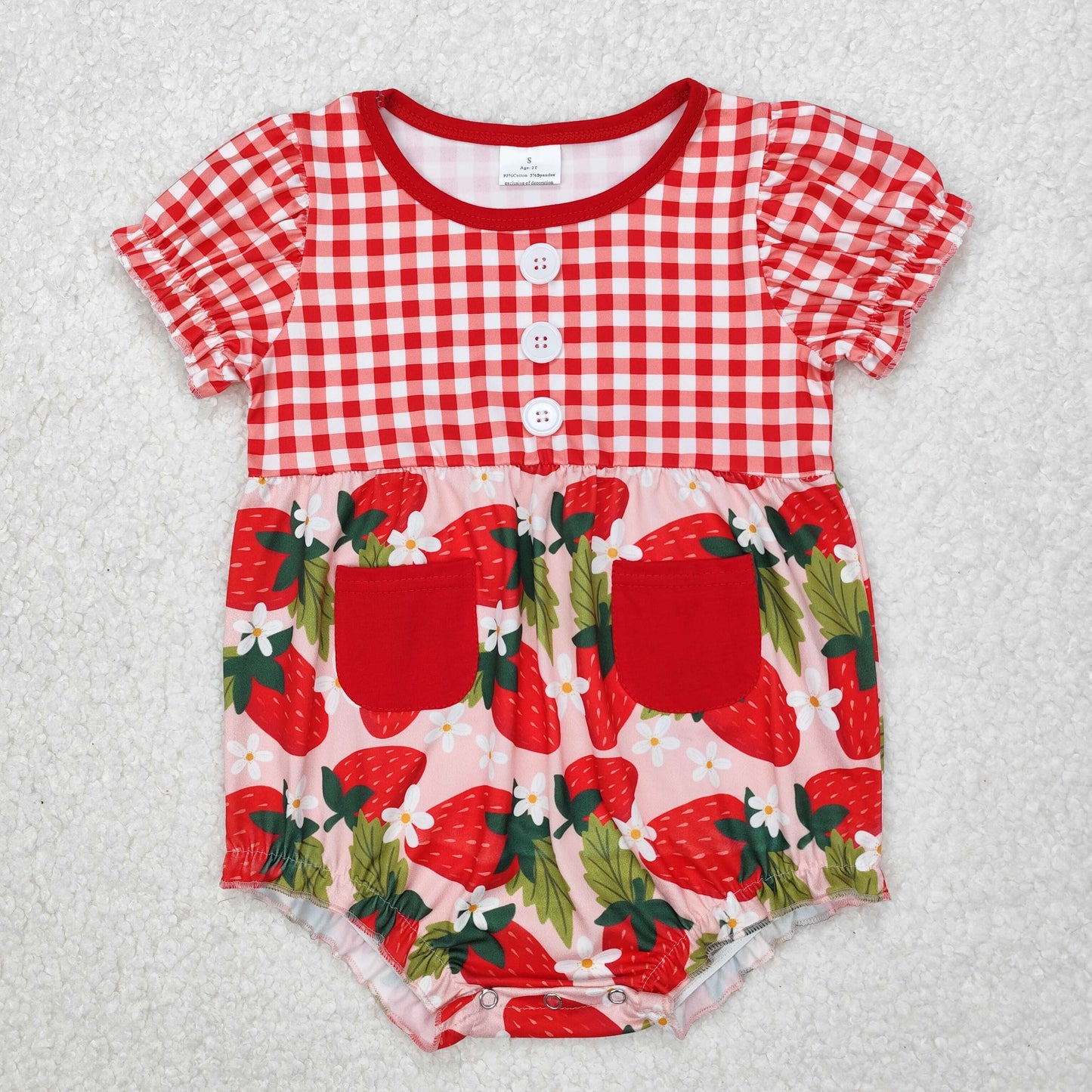 SR2307 Red Plaid Strawberry Pocket Short Sleeve Romper Girls Boutique Outfits 202503 RTS
