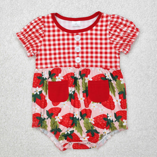 SR2307 Red Plaid Strawberry Pocket Short Sleeve Romper Girls Boutique Outfits 202503 RTS
