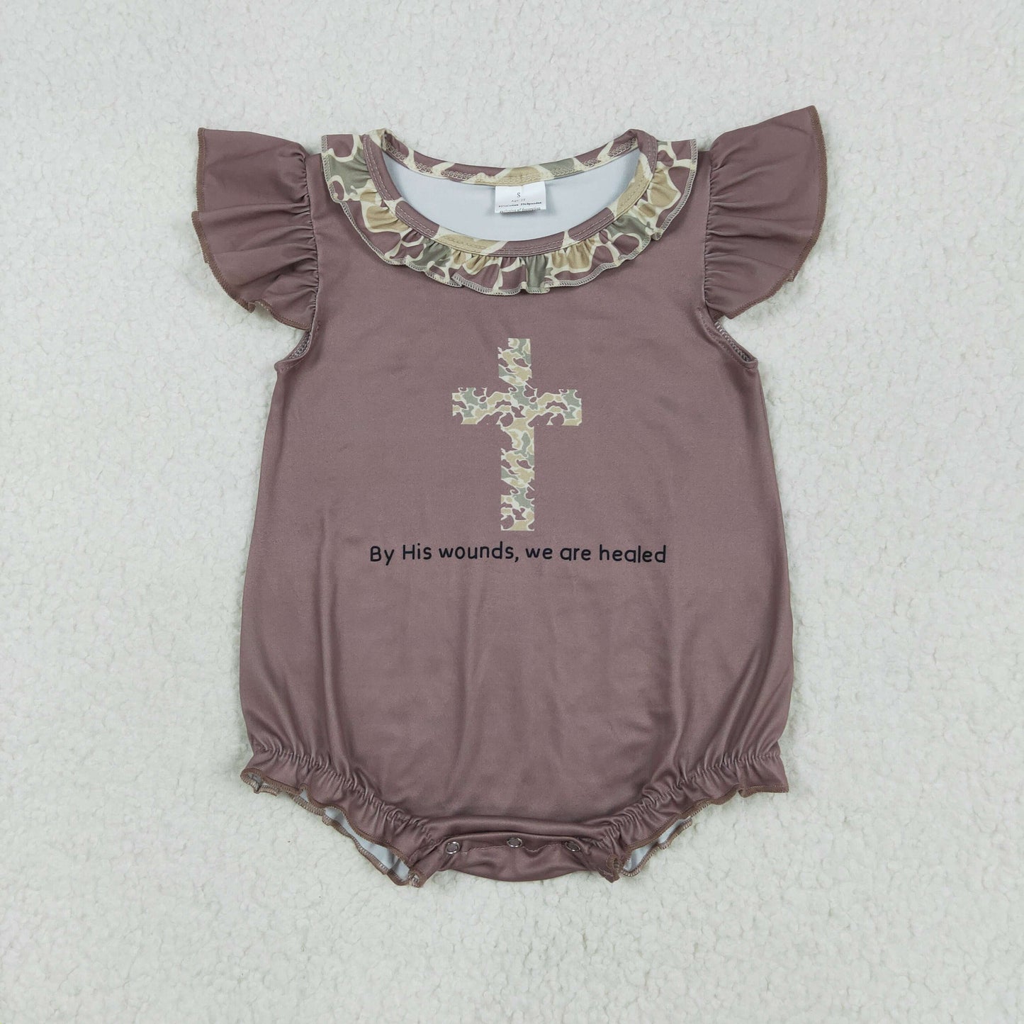 SR2310 Easter cross brown ruffled flying sleeve romper baby girls Boutique Summer clothes 202502 RTS