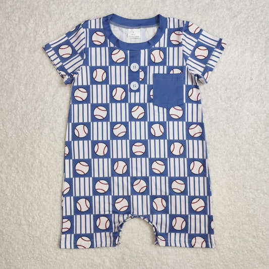 SR2313 Navy blue Baseball Striped Plaid Short Sleeve Romper Boy Boutique outfit 202503 RTS