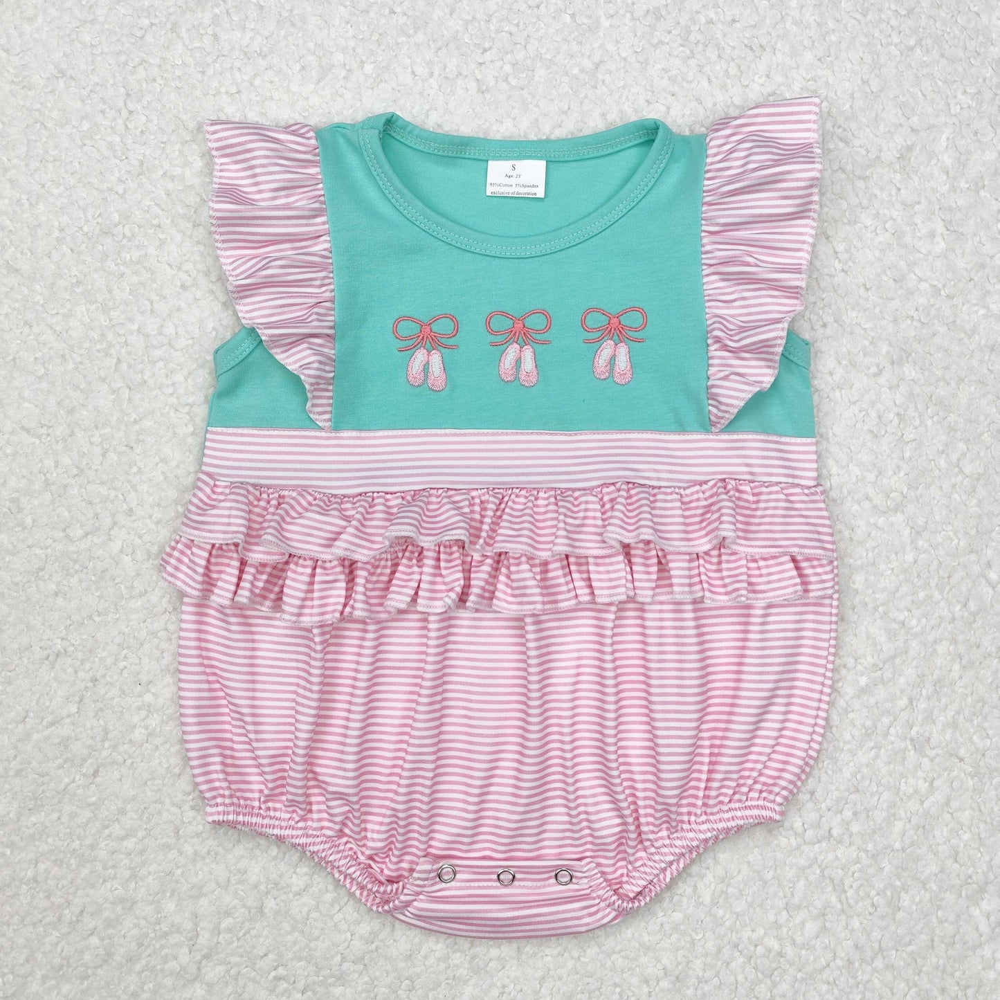 SR2326 Pink Green Ruffle Embroidery Bow sleeveless nightwear kids boutique Romper RTS 202412