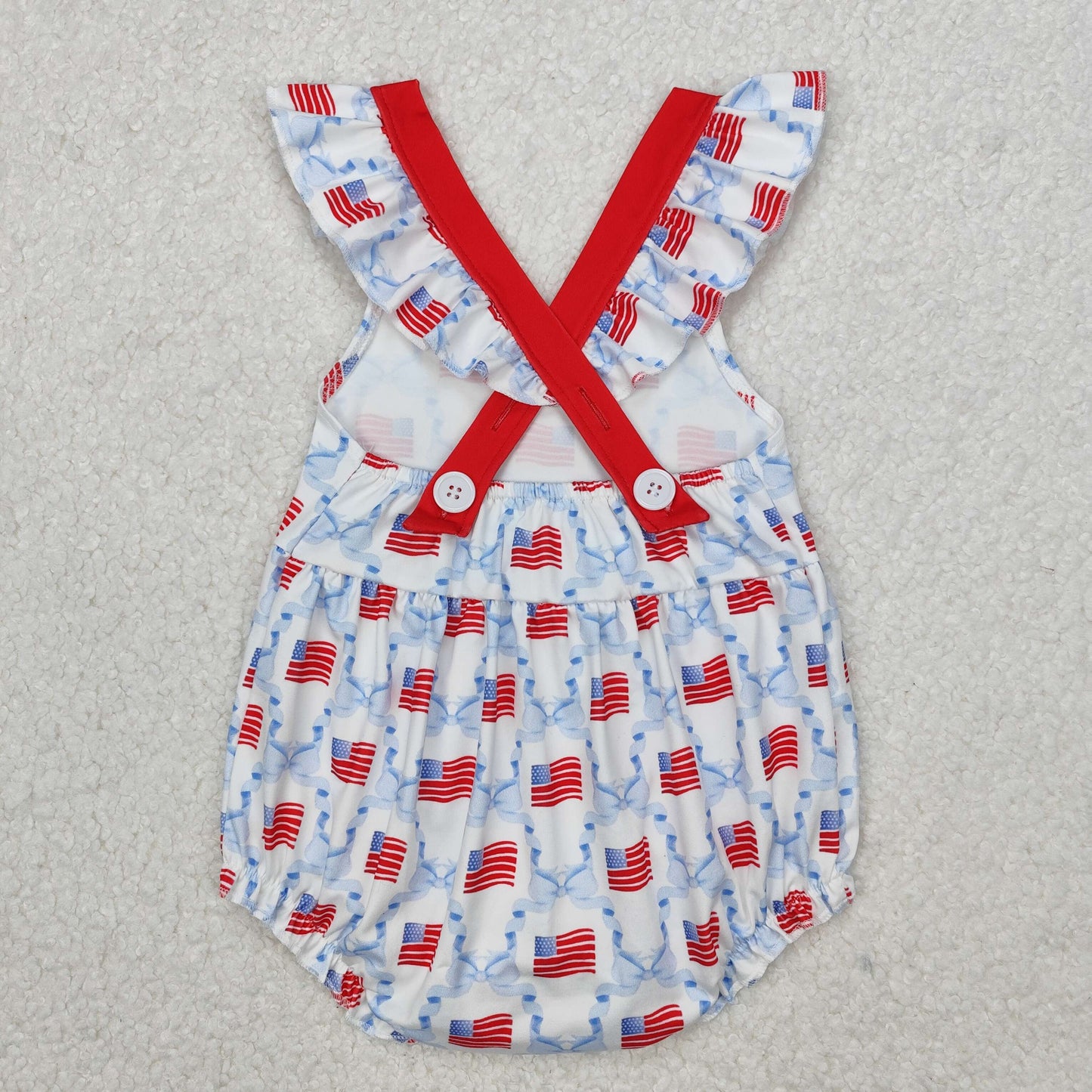 SR2331 4th of July Flag Red Blue Bows Pocket Fly Sleeve Romper Girls Boutique Outfits 202503 RTS