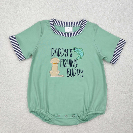SR2336 Embroidery puppy buddy Dark Green Grey striped short sleeve Boy boutique romper RTS 202501