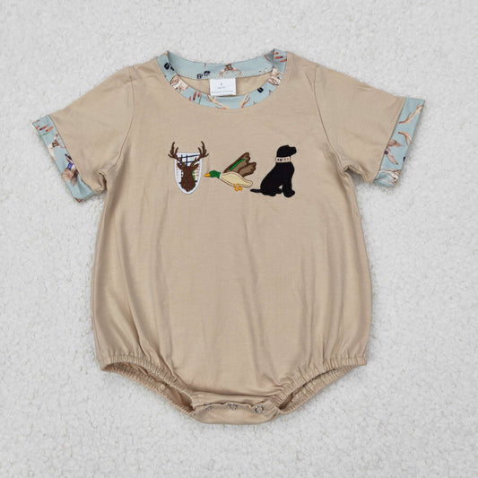 SR2338 Embroidered Duck Deer Puppy Hunting Clothes Beige Short Sleeve Romper Baby Boy Boutique Outfits 202503 RTS