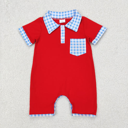 SR2352 4th of July Blue Plaid Pocket Red Polo Short Sleeve Romper Boys Boutique Outfits 202503 RTS