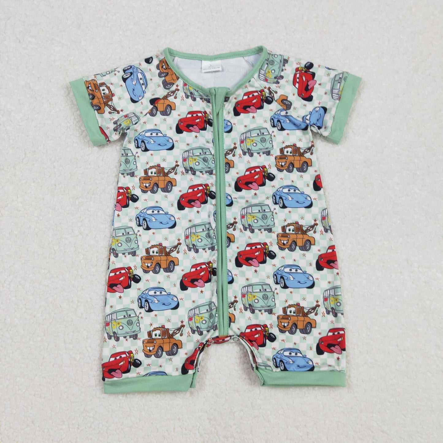 SR2373 Cars Cartoon Green Zip Short Sleeve romper Boys Boutique outfit 202502 RTS