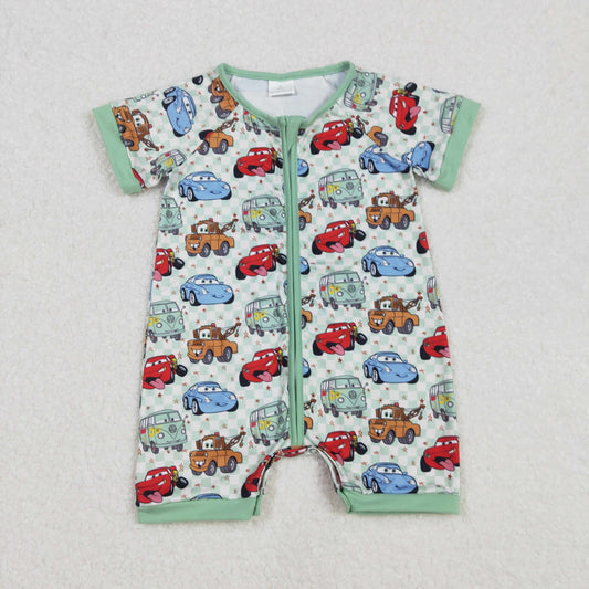 SR2373 Cars Cartoon Green Zip Short Sleeve romper Boys Boutique outfit 202502 RTS