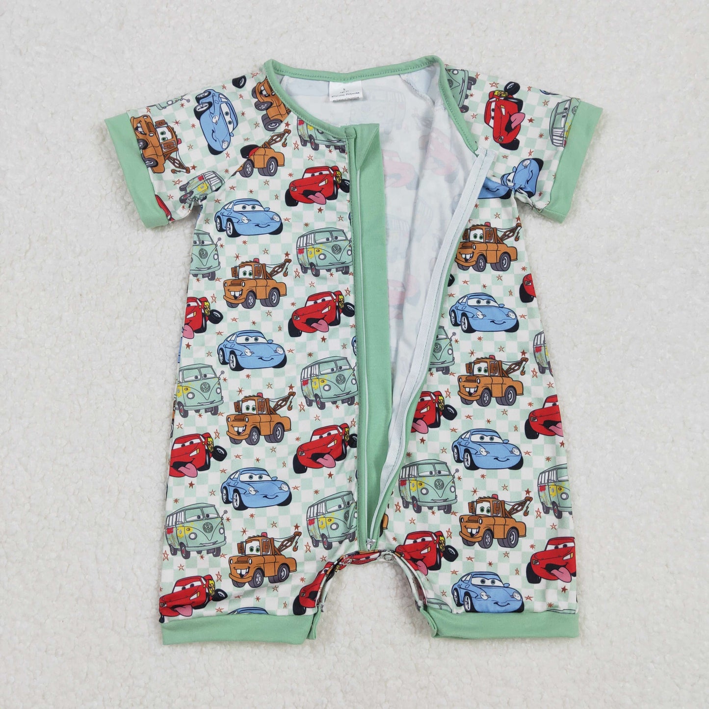 SR2373 Cars Cartoon Green Zip Short Sleeve romper Boys Boutique outfit 202502 RTS