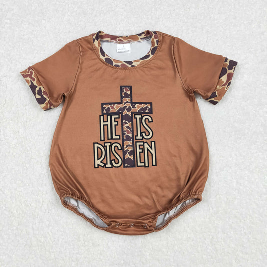 SR2374 Easter Cross Brown Short Sleeve romper Girls Boutique  outfit 202502 RTS