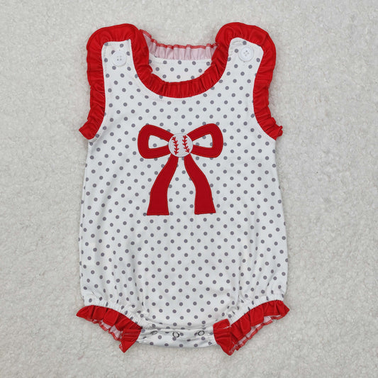 SR2376 Embroidered Baseball Bow Romper Red White Dot sleeveless girl boutique romper RTS 202501