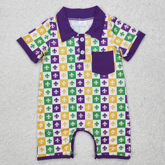 SR2385  Mardi Gras Outfit Purple polo Short Sleeve Romper baby boy nightwear outfit RTS 202412