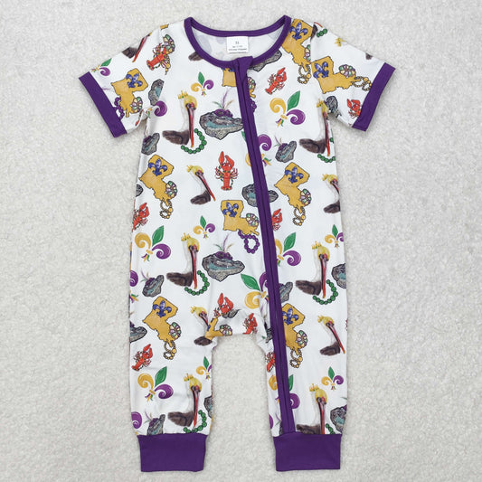 SR2394 Mardi Gras Purple short sleeve girl boutique romper RTS 202501