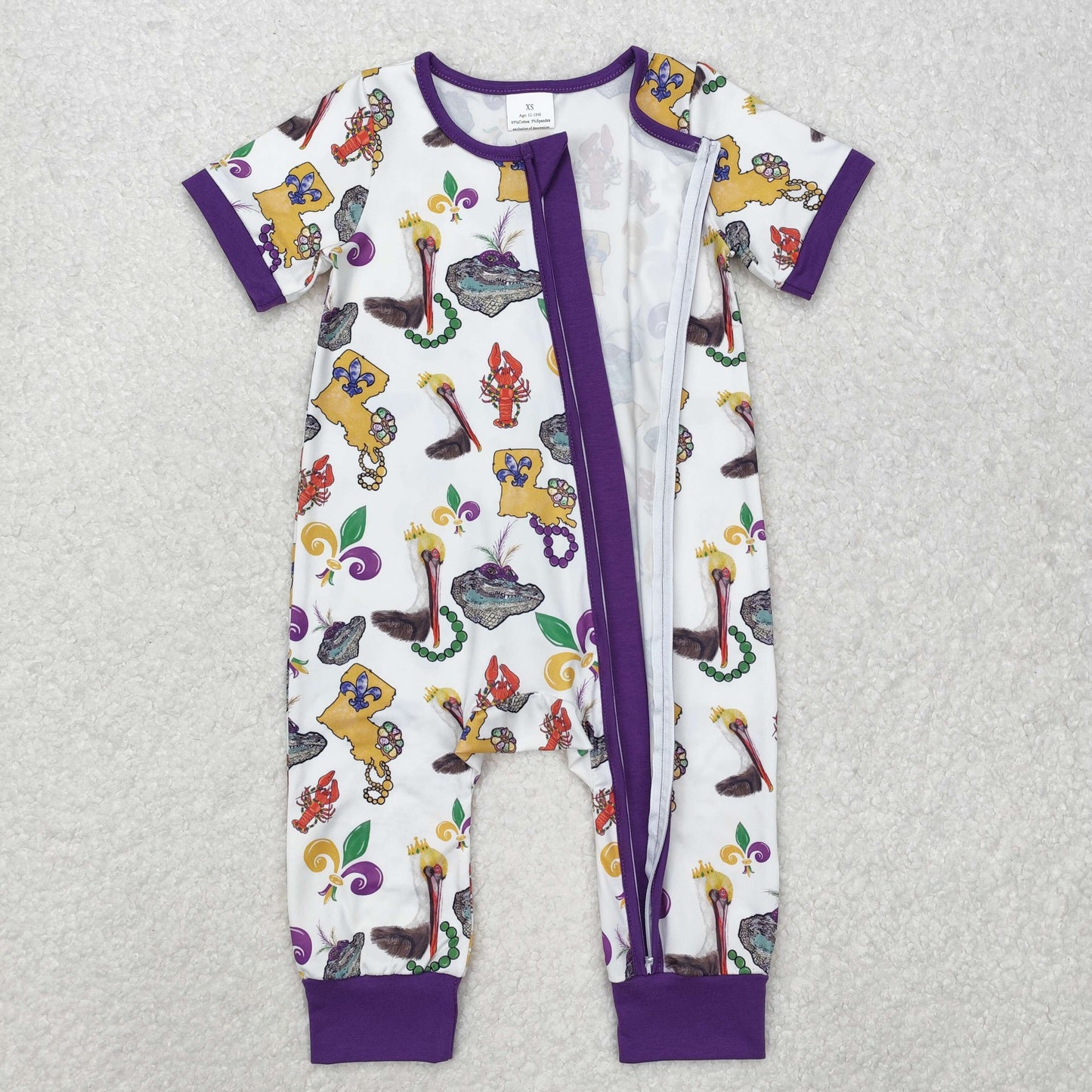SR2394 Mardi Gras Purple short sleeve girl boutique romper RTS 202501