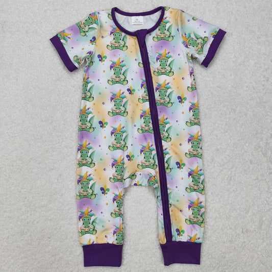 SR2398 Mardi Gras Kids Clothing Cartoon Purple Zippy Ruffled Short Sleeve boys boutique romper RTS 202501