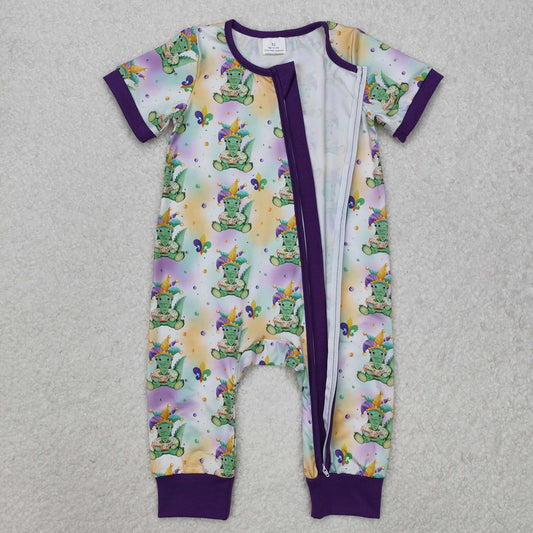 SR2398 Mardi Gras Kids Clothing Cartoon Purple Zippy Ruffled Short Sleeve boys boutique romper RTS 202501