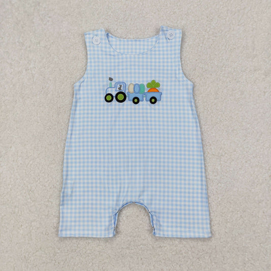 SR2402 Embroidered Easter outfits trucks carrots blue plaid sleeveless romper baby boys Boutique Summer clothes 202503 RTS