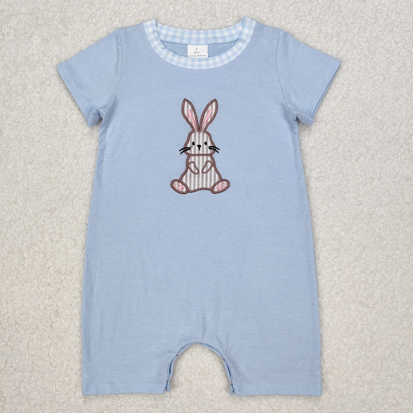 SR2404 Embroidered Bunny Easter Outfits Blue Short Sleeve Romper Boys Boutique Outfits 202503 RTS