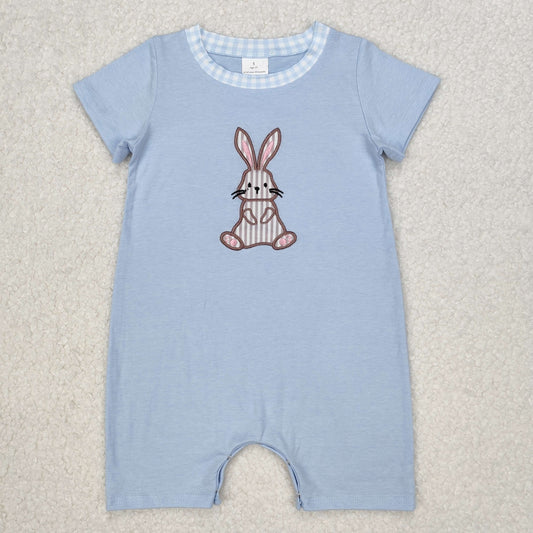 SR2404 Embroidered Bunny Easter Outfits Blue Short Sleeve Romper Boys Boutique Outfits 202503 RTS