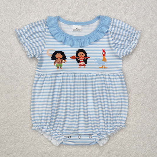 SR2419  Easter Boutique Outfit Blue Ruffle Striped Short Sleeve Romper baby girl nightwear outfit RTS 202412