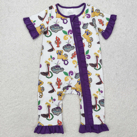 SR2422 Mardi Gras Kids Clothing Purple Zippy Short Sleeve girls boutique romper RTS 202501
