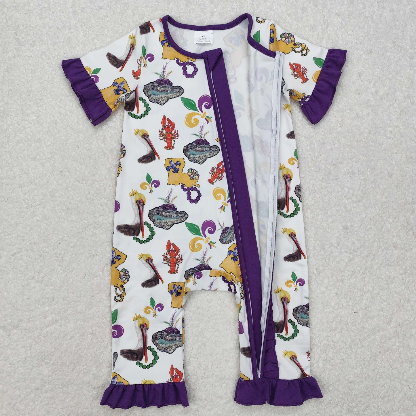 SR2422 Mardi Gras Kids Clothing Purple Zippy Short Sleeve girls boutique romper RTS 202501