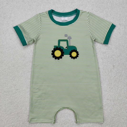 SR2431 Embroidery truck Baby boy Romper Green Striped short sleeve baby summer romper RTS 202501