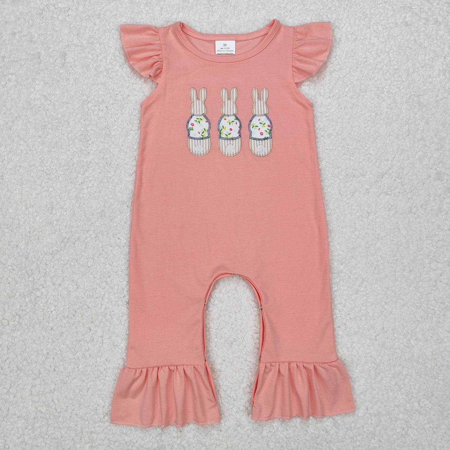 SR2434 Orange Pink Embroidered Easter Bunnies Fly Sleeve Romper Girls Boutique Outfit 202503 RTS