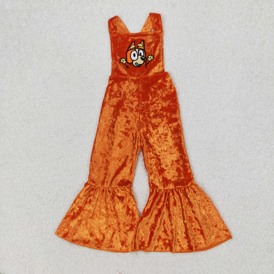 SR2444 Embroidered Cartoon Bluey Orange Velvet Girls Sleeveless Jumpsuit Overall Pants