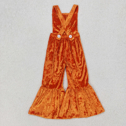 SR2444 Embroidered Cartoon Bluey Orange Velvet Girls Sleeveless Jumpsuit Overall Pants