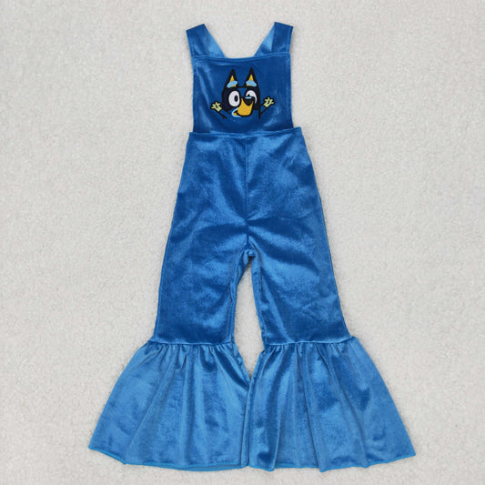 SR2445 Embroidered Cartoon Bluey Dark Blue Velvet Girls Sleeveless Jumpsuit Overall Pants