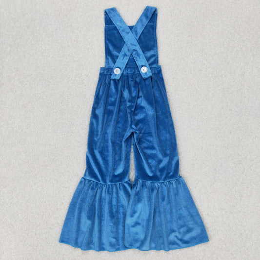 SR2445 Embroidered Cartoon Bluey Dark Blue Velvet Girls Sleeveless Jumpsuit Overall Pants