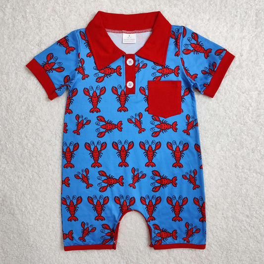 SR2460 Tiny lobster Red Blue Pocket Polo Short Sleeve Romper Boy Boutique outfit 202503 RTS