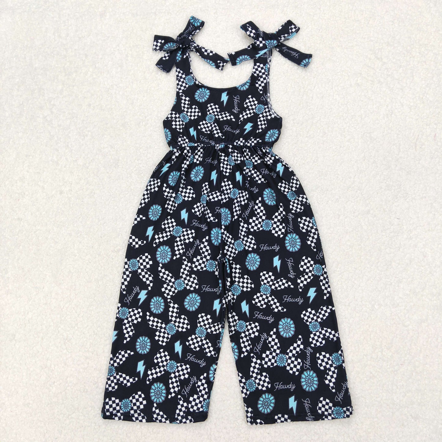 SR2466 Black Blue Lightning Bows Gem Plaid Sleeveless Romper Bell Bottom Overall Jumpsuit Girls Boutique Clothes 202503 RTS