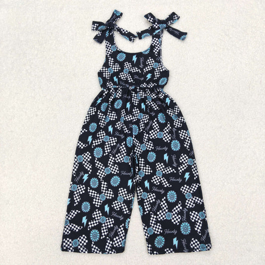 SR2466 Black Blue Lightning Bows Gem Plaid Sleeveless Romper Bell Bottom Overall Jumpsuit Girls Boutique Clothes  202503 RTS