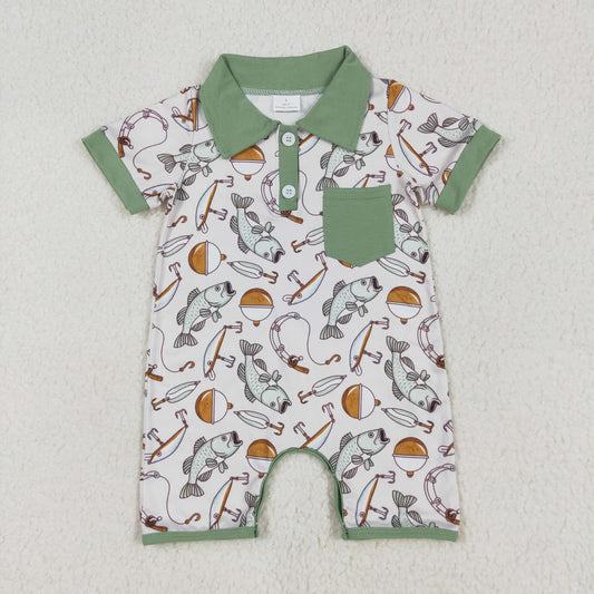 SR2472 Fishing and hunting green polo short sleeve romper baby boys Boutique Summer clothes  RTS Free Shipping Over $100