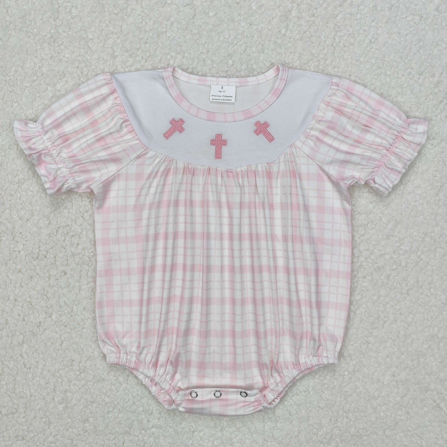 SR2504 Easter Embroidered Cross Pink Plaid Short Sleeve Romper Girls Boutique outfit 202503