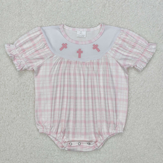 SR2504 Easter Embroidered Cross Pink Plaid Short Sleeve Romper Girls Boutique outfit 202503