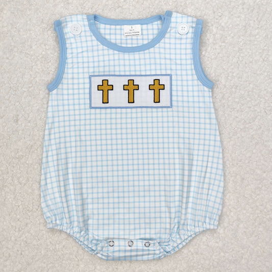 SR2505 Easter Embroidered Cross Blue Plaid Short Sleeve Romper Boys Boutique outfit 202503