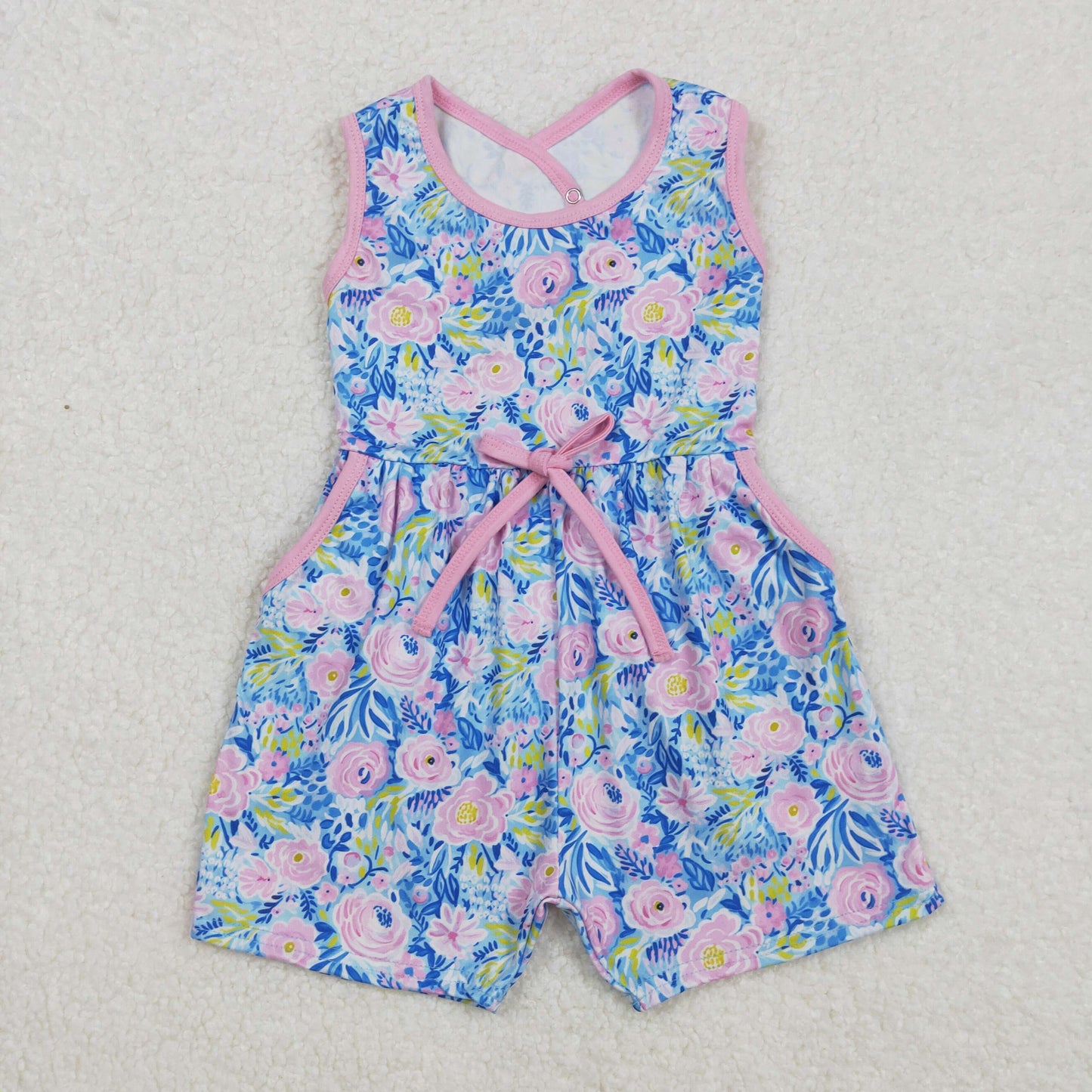 SR2521 Blue Pink Flower Sleeveless romper overall jumpsuits Girls Boutique clothes 202502 RTS