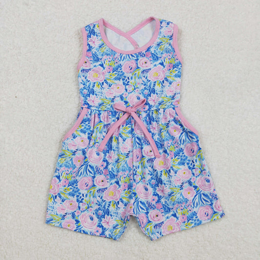 SR2521  Blue Pink Flower Sleeveless romper overall jumpsuits Girls Boutique clothes  202502 RTS
