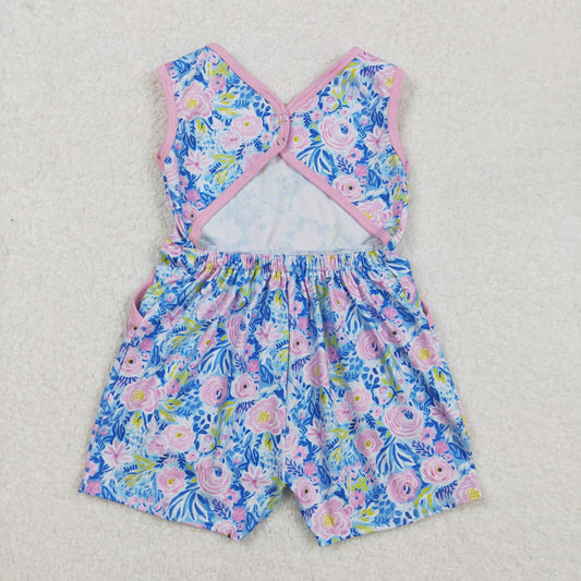SR2521  Blue Pink Flower Sleeveless romper overall jumpsuits Girls Boutique clothes  202502 RTS