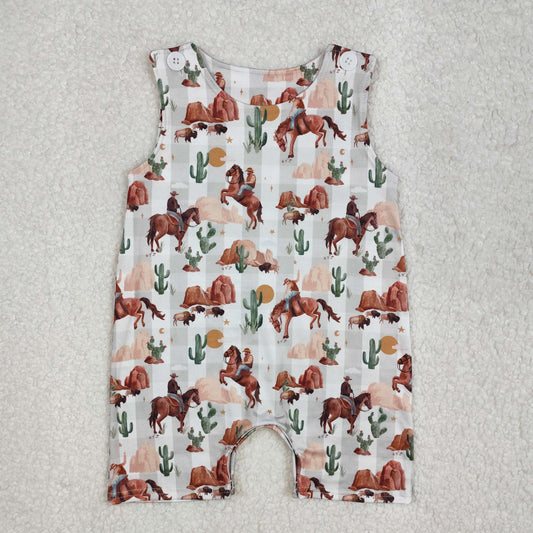 SR2538 Western rodeo horse printed sleeveless romper baby boy Boutique Summer outfit 202502 RTS