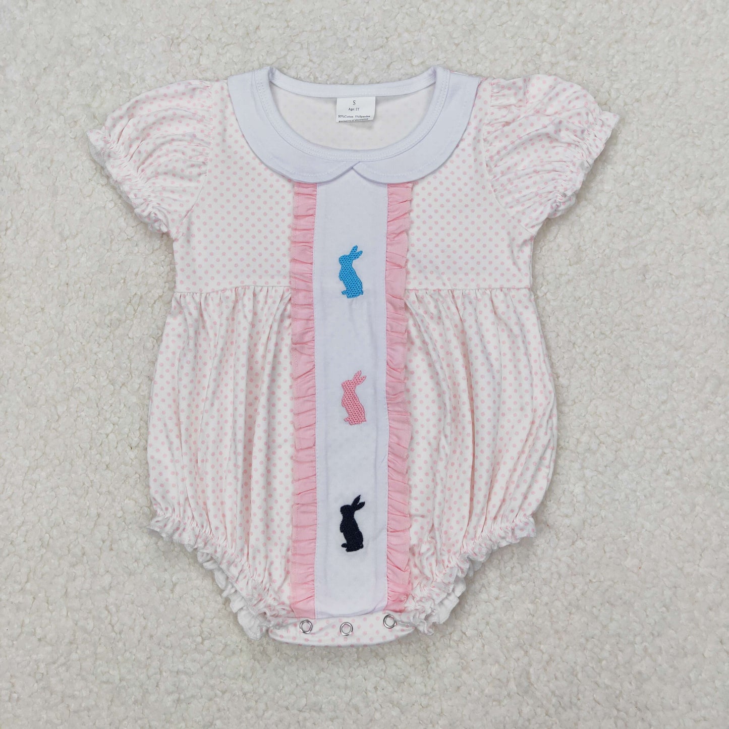 SR2545 Embroidered Easter Outfits Pink Dot Bunnies Ruffle Short Sleeve Romper Girls Boutique Outfit 202503 RTS