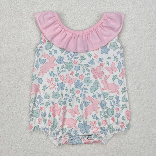 SR2546 Easter Outfits Pink Ruffle Bunny Flower Bow Sleeveless Romper Girls Boutique Outfits 202503 RTS