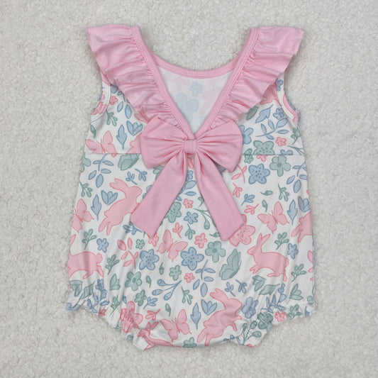 SR2546 Easter Outfits Pink Ruffle Bunny Flower Bow Sleeveless Romper Girls Boutique Outfits 202503 RTS