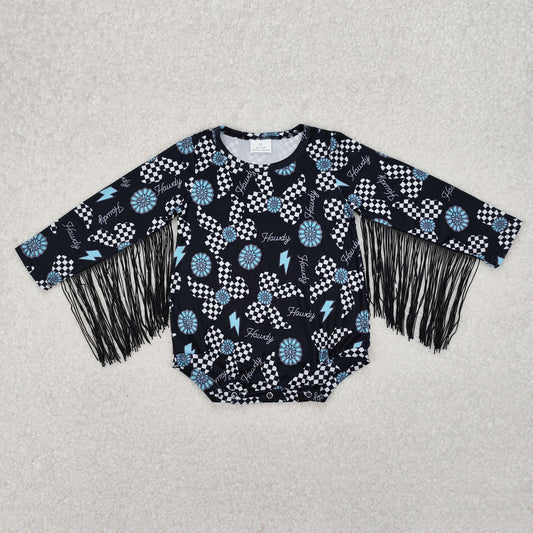 SR2552 Black Flower Bows Tassels Long Sleeve Romper Girls Boutique Outfits 202503 RTS