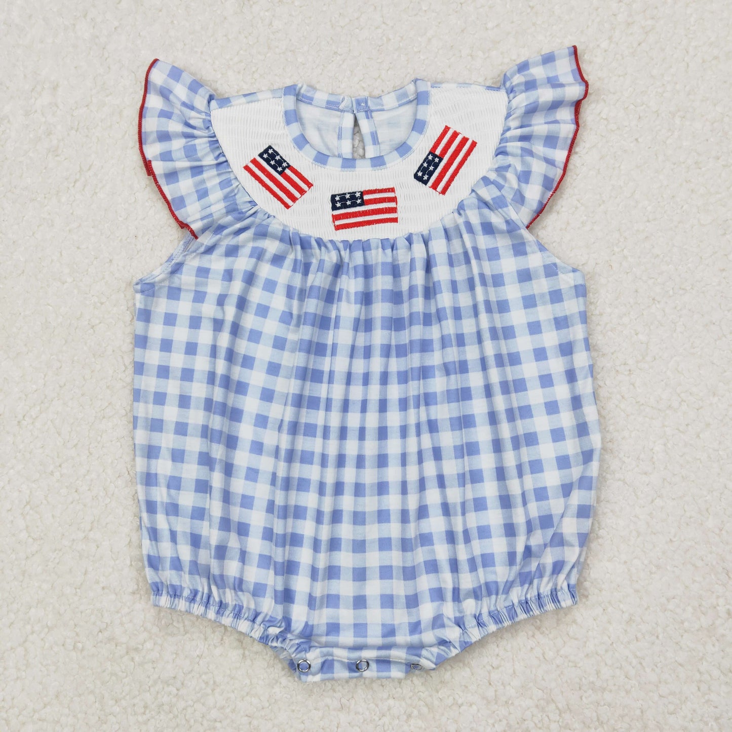 SR2571 4th of July embroidered flag blue plaid flying sleeve romper baby girl boutique clothes 202503 RTS