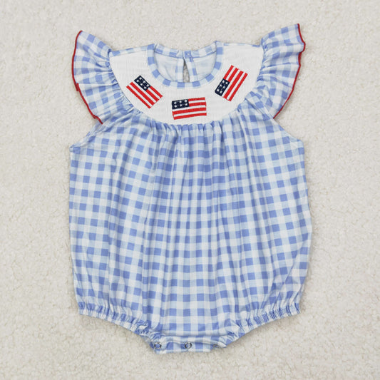 SR2571 4th of July embroidered flag blue plaid flying sleeve romper baby girl boutique clothes  202503 RTS