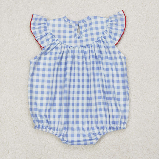 SR2571 4th of July embroidered flag blue plaid flying sleeve romper baby girl boutique clothes  202503 RTS